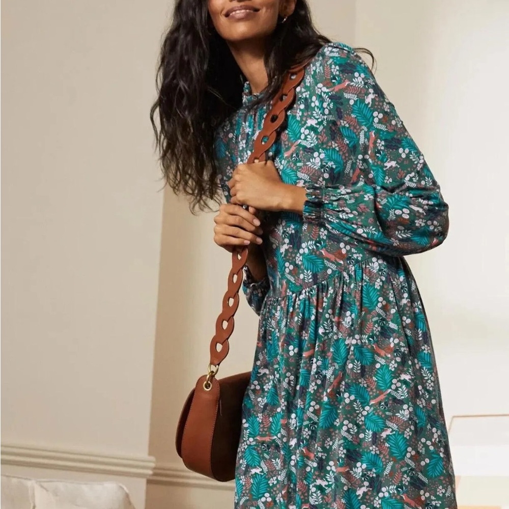 Boden Teal and Brown Woodland Floral Jersey Long Sleeve Dress